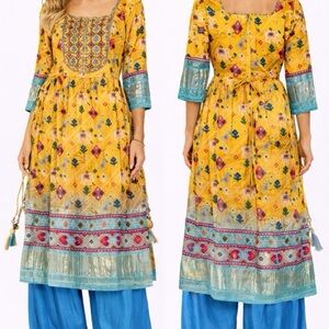 JINI-NIMI Yellow Embroidered Ethnic Tunic with Teal Accents